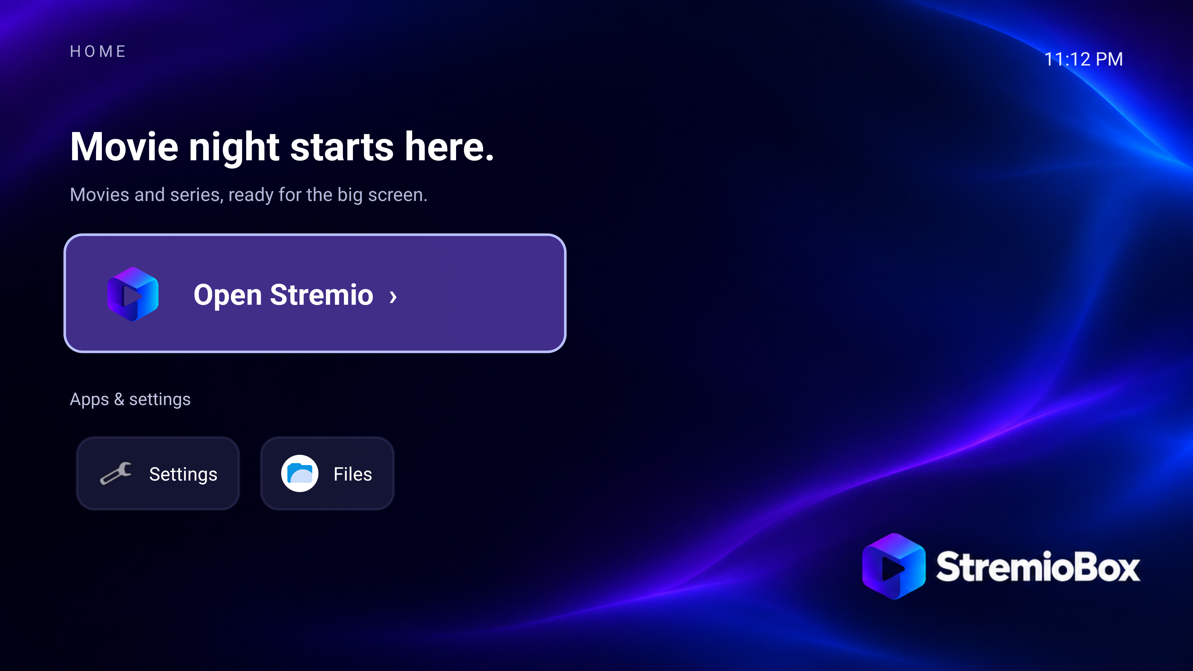 The running StremioBox Home screen, with Open Stremio, Settings and Apps tiles